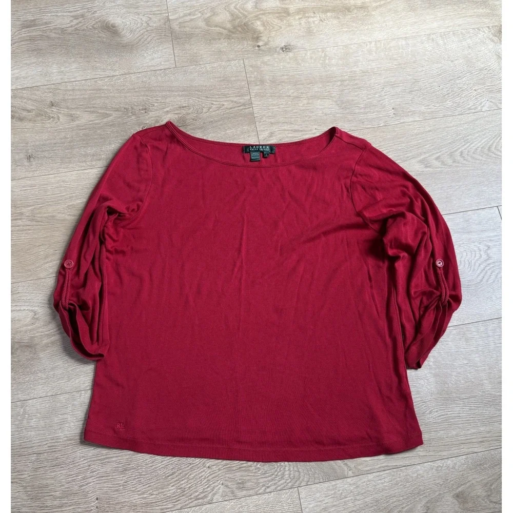 Womens Lauren Ralph Lauren red roll tab sleeve tshirt 100% cotton size L